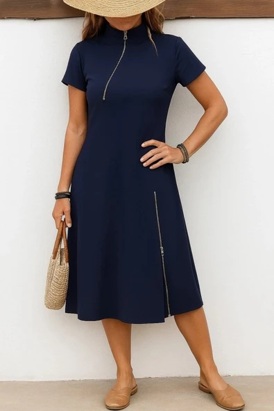 MDB Kadın Kısa Kollu Yakadan Ve Etekten Fermuarlı Midi Viskon Iki Iplik Elbise ürün görseli 1