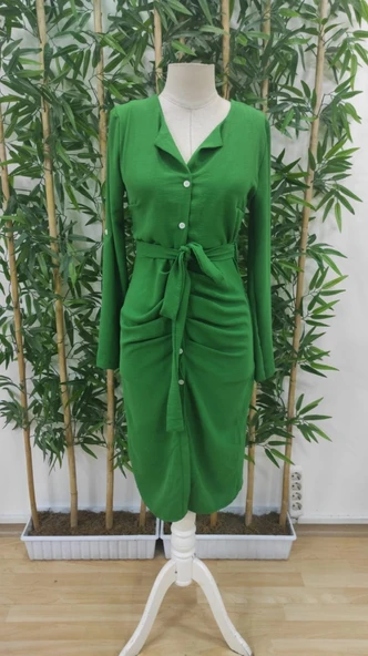 MDB Kadın Uzun Kollu önden Düğmeli Beli Kuşaklı Aerobin Midi Elbise - Resim 6