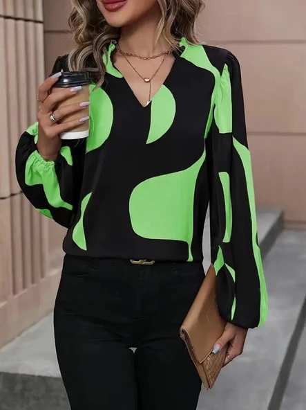 MDB Kadın Uzun Kollu V Yakalı Desenli Modal Bluz - Resim 2