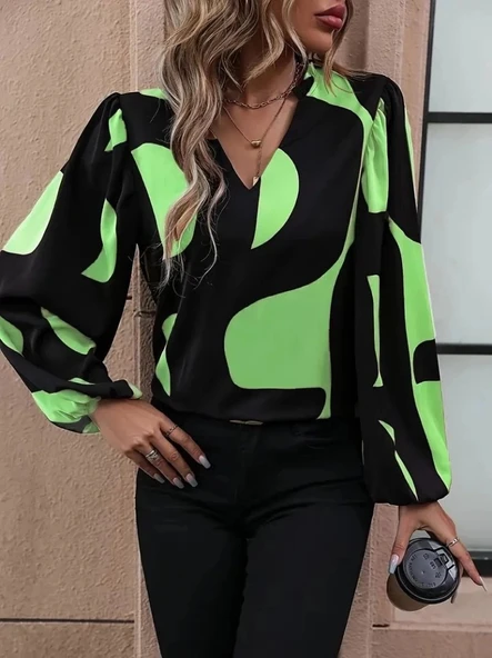 MDB Kadın Uzun Kollu V Yakalı Desenli Modal Bluz - Resim 5