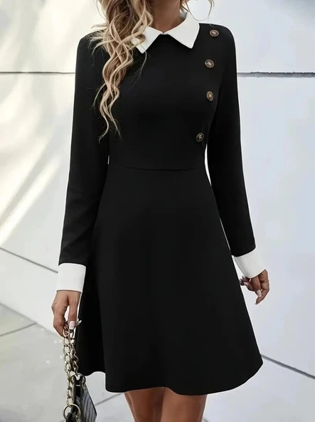 MDB Kadın Uzun Kollu Yakalı Düğmeli Kısa Modal Mini Elbise - Resim 3