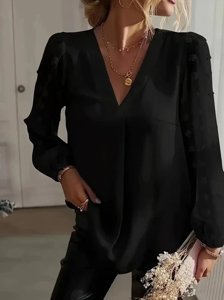 MDB Kadın Uzun Kollu V Yakalı Kolları Popon Detaylı Sandy Bluz - Resim 5