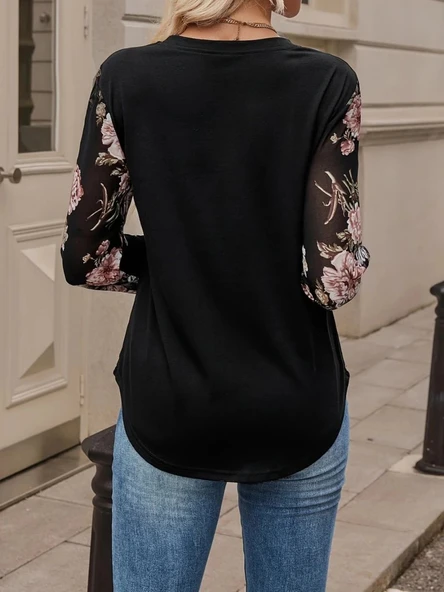 MDB Kadın Uzun Kollu Bisiklet Yakalı Kolun çiçek Desenli Viskon Iki Iplik Bluz - Resim 4