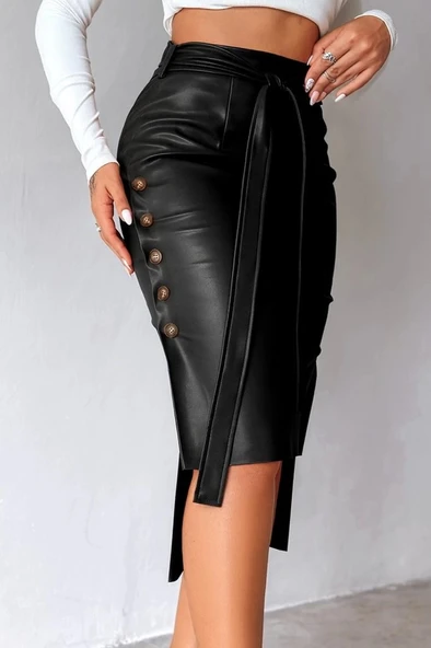 MDB Kadın Yüksek Bel Kuşaklı Yanlardan Düğmeli Mini Deri Etek - Resim 2