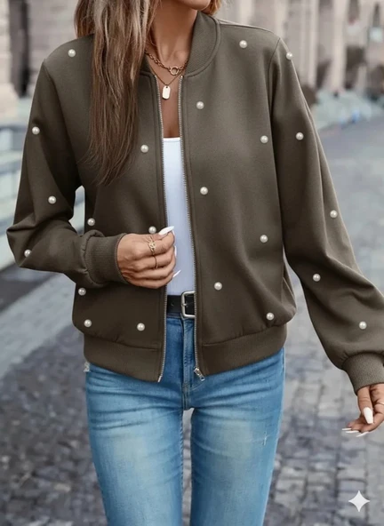 MDB Kadın Uzun Kollu önden Fermuarlı Incili Kısa Modal Ceket ürün görseli 1