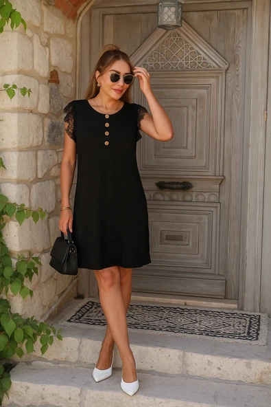 MDB Kadın Kısa Dantel Kollu önden Düğmeli Viskon Elbise ürün görseli 1