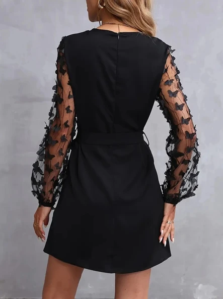 MDB Kadın Uzun Kollu Bisiklet Yaka Kollar Tül Kelebek Detaylı Ithal Krep Elbise - Resim 5