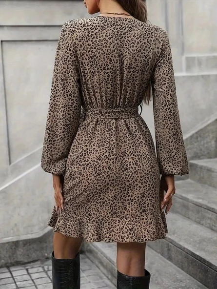 MDB Kadın Uzun Kollu Kruvaze Yakalı Kuşaklı Desenli Kısa Modal Mini Elbise - Resim 6
