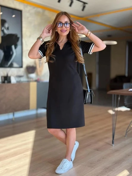 MDB Kadın Kısa Kollu V Yakalı Viskon Iki Iplik Elbise - Resim 2