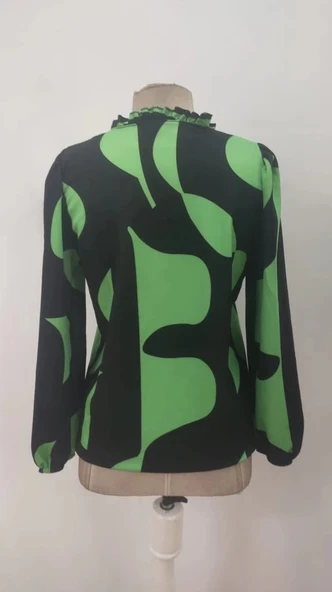 MDB Kadın Uzun Kollu V Yakalı Desenli Modal Bluz - Resim 7