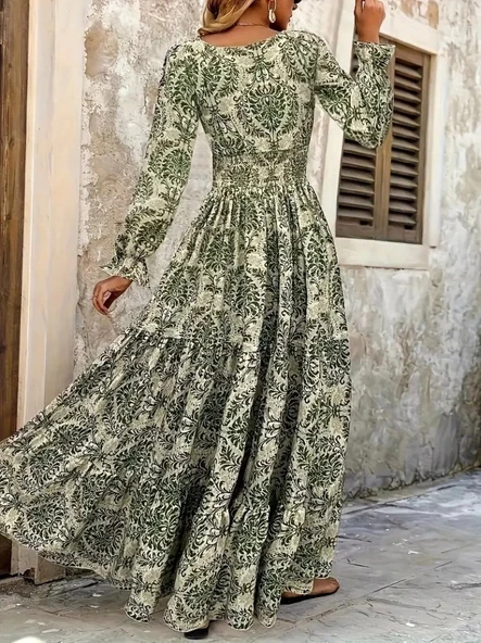 MDB Kadın Uzun Kollu V Yakalı Desenli Süprem Elbise - Resim 5