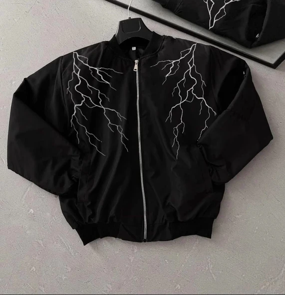 MDB Yıldırım Baskılı Uzun Kol Bomber Ceket  iyah - Resim 2