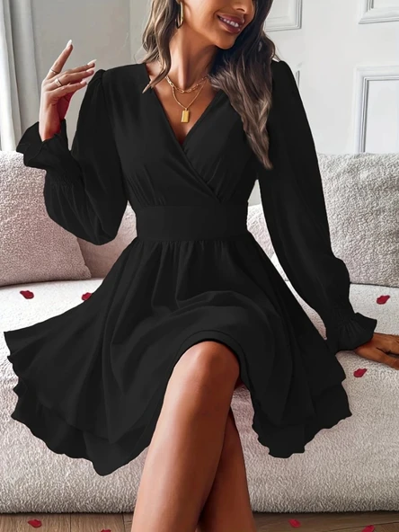 MDB Kadın Uzun Kollu Kruvaze Yakalı Mini Sandy Elbise ürün görseli 1