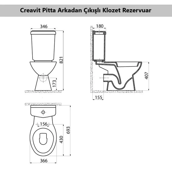 Creavit Pitta Arkadan Çıkışlı Klozet + Rezervuar + İç Takım + Çınar TP Yavaş Kapanan Kapak 4 'lü Set - 4