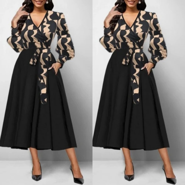 MDB Kadın Uzun Kollu Kruvaze Yaka Dalgıç Krep Midi Boy Elbise - Resim 2