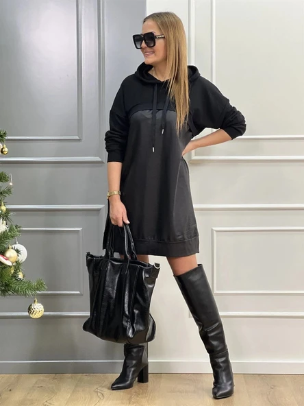 MDB Kadın Uzun Kollu Kapüşon Ve Deri Detay Diz üstü Elbise - Resim 6