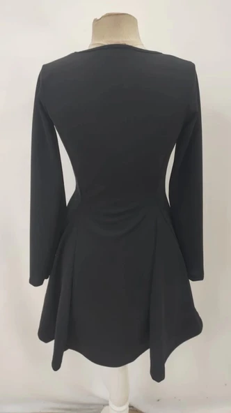 MDB Kadın Uzun Kollu Kare Yakalı Mini Ithal Krep Elbise - Resim 7