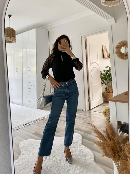 MDB Kadın Uzun Kollu Göğüs Pencere Detay Yaka Boğazlı Kolları Tüllü Sandy Bluz - Resim 8