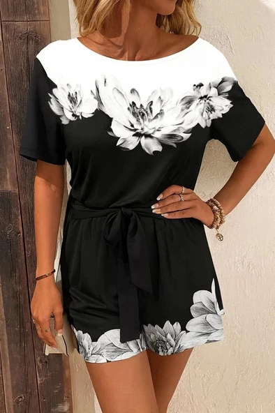 MDB Kadın Tek Omuzu Açık çiçek Desenli Beli Kuşaklı Iki Iplik Mini Short Tulum - Resim 3