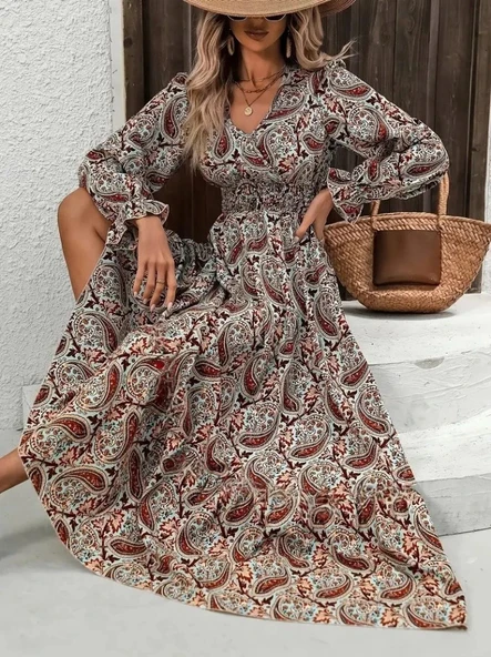 MDB Kadın Uzun Kollu V Yakalı Beli Lastikli Desenli Süprem Elbise ürün görseli 1