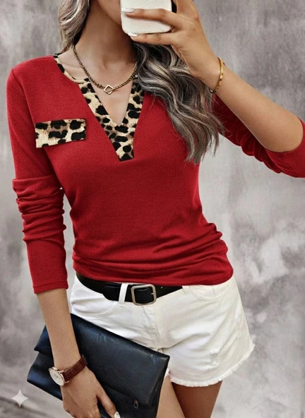 MDB Kadın Uzun Kollu V Yakalı Kaşkorse Bluz - Resim 4