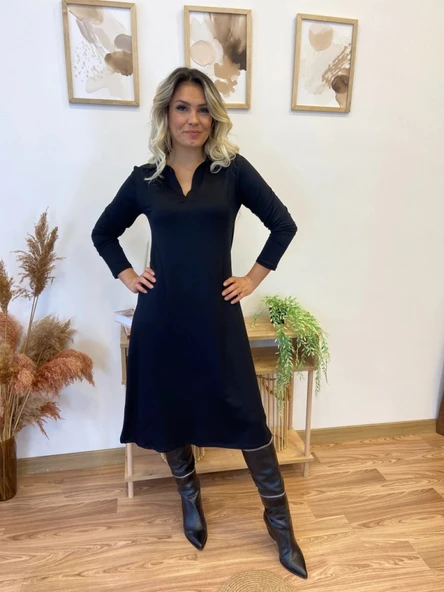 MDB Kadın Uzun Kollu Yakalı Midi Viskon Iki Iplik Elbise - Resim 6