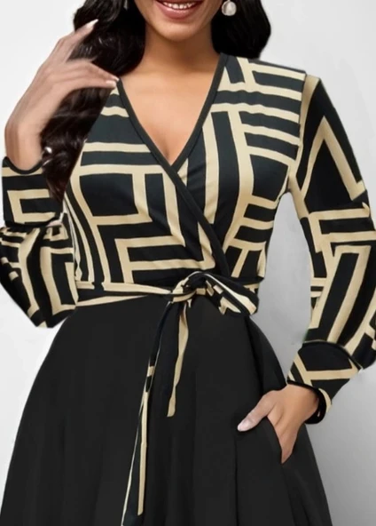 MDB Kadın Uzun Kollu Kruvaze Yaka Dalgıç Krep Midi Boy Elbise - Resim 2