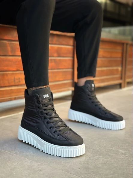 ET0811 Yüksek Beyaz Taban Siyah Paraşüt Kumaş Cilt Detaylı Yarım Bilek Spor Bot - Resim 3