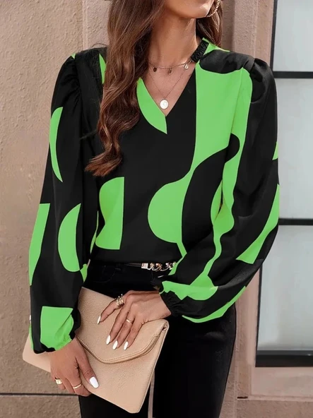 MDB Kadın Uzun Kollu V Yakalı Desenli Modal Bluz ürün görseli 1