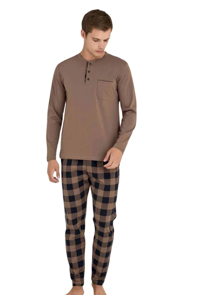 KLY Battal Erkek Kışlık Pijama Takımı Nescafe Rengi 9108 % 100 Pamuk