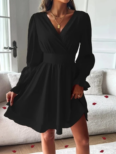 MDB Kadın Uzun Kollu Kruvaze Yakalı Mini Sandy Elbise - Resim 2