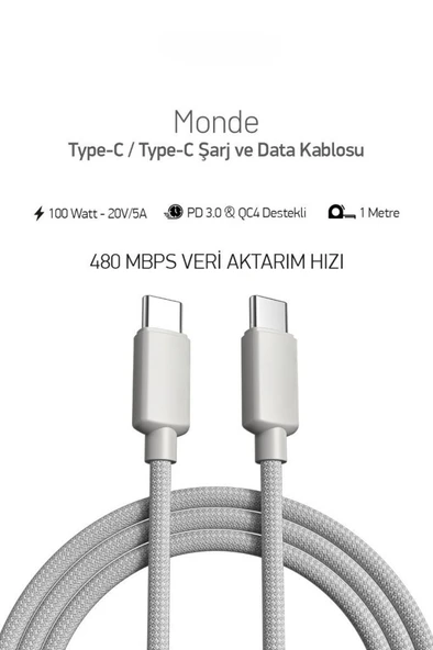 PDAteknoloji 100W Örgülü Type C to Type C SPK-10 Monde 1mt Data ve Şarj Kablosu - Resim 2