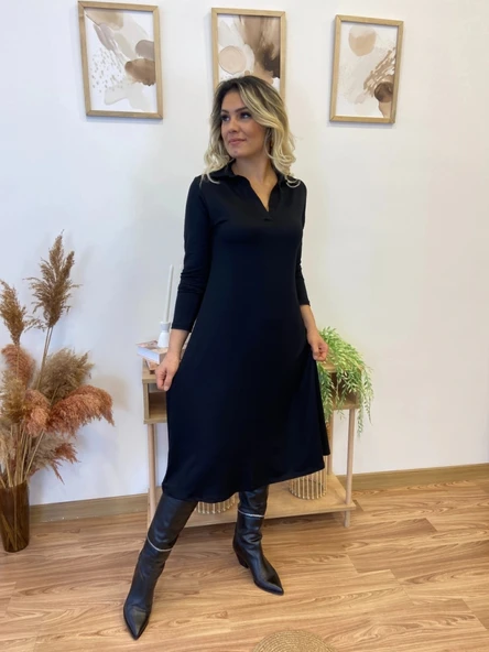 MDB Kadın Uzun Kollu Yakalı Midi Viskon Iki Iplik Elbise - Resim 8