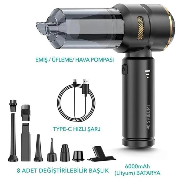Shibumi Tornada 100 Watt 6000mAh 16000pa Çekiş Gücü 8 Adet Başlıklı Şarjlı Güçlü Üfleme Araç İçi Süpürge - Resim 4