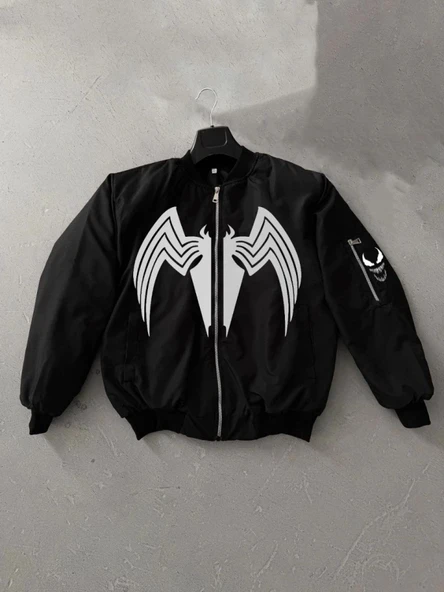 MDB Tam Fermuarlı Uzun Kol Baskılı Bomber Ceket  iyah - Resim 2