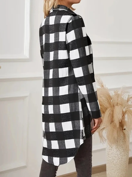 MDB Kadın Uzun Kollu Ekoseli önden Düğmeli Dokuma Uzun Gömlek - Resim 5