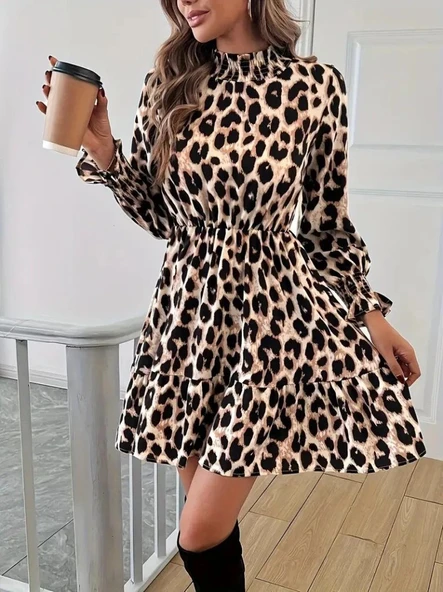 MDB Kadın Uzun Kollu Yarı Balıkçı Yaka Leopar Desenli Modal Mini Elbise - Resim 5