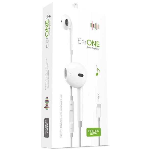 Powerway Earone Mikrofonlu Kablolu Kulaklık TYPE-C Çıkışlı Tüm Cihazlarla Uyumlu Stereo - Resim 2