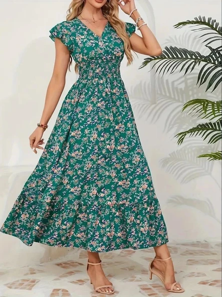 MDB Kadın Kısa Kollu Kruvaze Yaka Beli Lastikli çiçek Desenli Elbise - Resim 5