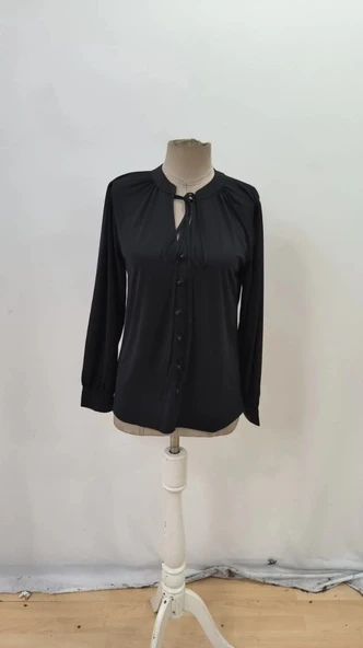 MDB Kadın Uzun Kollu Yakalı Yakadan Bağcıklı Düğmeli Sandy Bluz - Resim 6