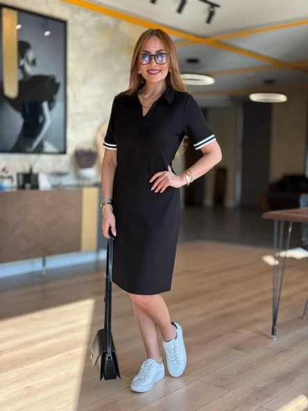 MDB Kadın Kısa Kollu V Yakalı Viskon Iki Iplik Elbise - Resim 3