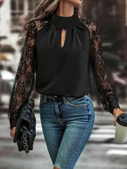 MDB Kadın Uzun Kollu Göğüs Pencere Detay Yaka Boğazlı Kolları Tüllü Sandy Bluz ürün görseli 1