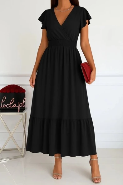 MDB Kadın Kısa Kelebek Kollu Kruvaze Yakalı Beli Lastikli Aerobin Elbise ürün görseli 1