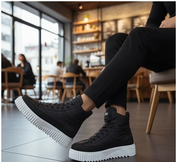 ET0811 Yüksek Beyaz Taban Siyah Paraşüt Kumaş Cilt Detaylı Yarım Bilek Spor Bot - Resim 2