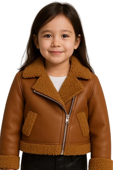 Kız Çocuk Kolları ve Yakası Peluş Detaylı Kahverengi Ceket Dik Yaka Kazak Deri Alt Üst Takım - 5