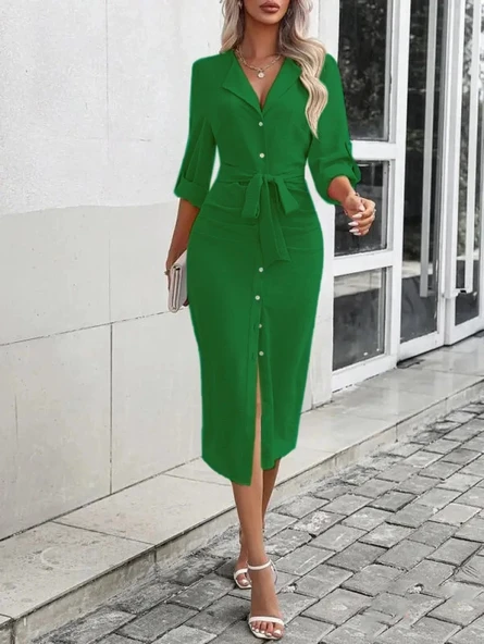 MDB Kadın Uzun Kollu önden Düğmeli Beli Kuşaklı Aerobin Midi Elbise - Resim 5