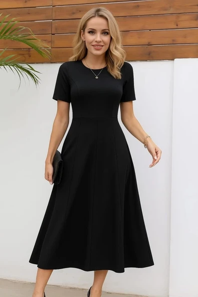 MDB Kadın Kısa Kollu Bisiklet Yaka Maksi Boy Ithal Krep Elbise ürün görseli 1