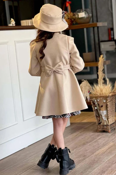 Kız Çocuk Leopar Desen Elbise Taş İşleme Yaka Boydan Düğme ve Kemer Detaylı Krem Kaşe Kaban - 4