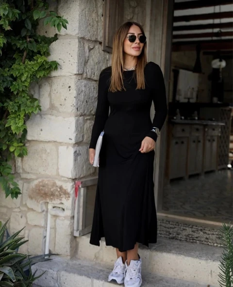 MDB Kadın Uzun Kollu Bisiklet Yaka Arkası çapraz Detaylı Viskon Iki Iplik Maxi Elbise - Resim 3