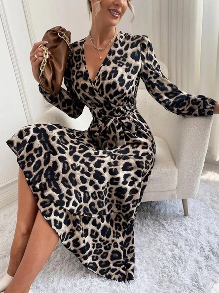 MDB Kadın Uzun Kollu Kruvaze Yakalı Belden Kuşaklı Leopar - Resim 6